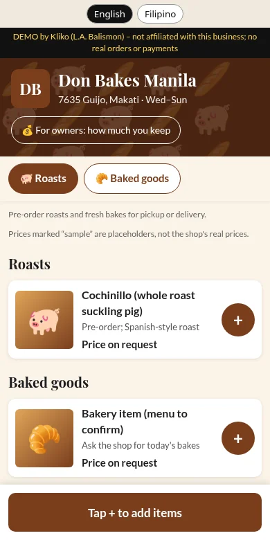 Don Bakes Manila ordering app concept demo