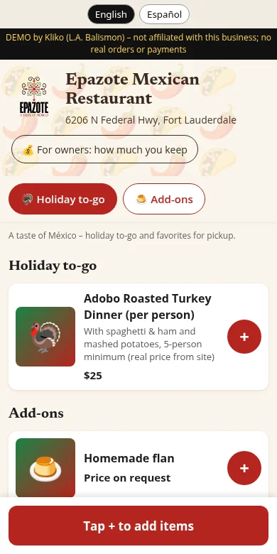 Epazote Mexican Restaurant ordering app concept demo