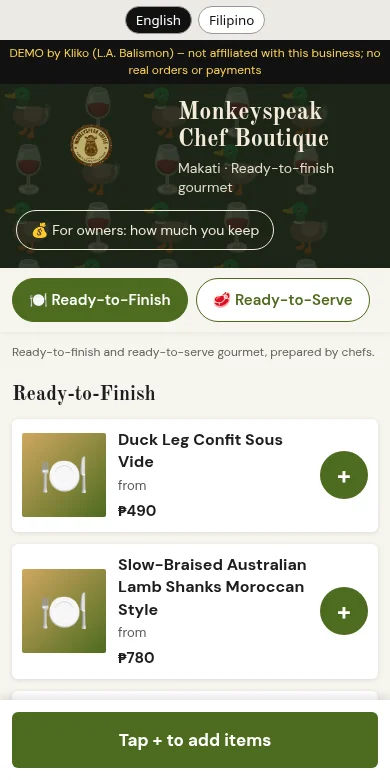 Monkeyspeak Chef Boutique ordering app concept demo