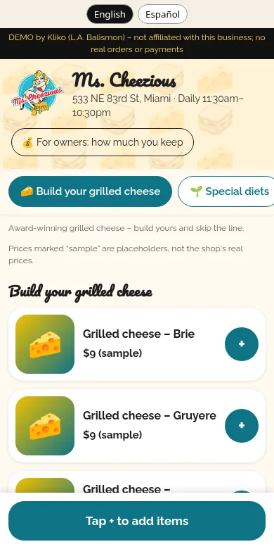 Ms. Cheezious ordering app concept demo