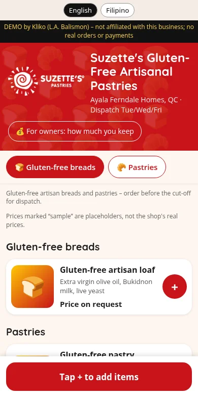 Suzette's Gluten-Free Pastries ordering app concept demo