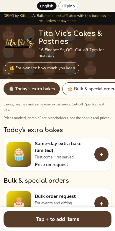 Tita Vic's Cakes & Pastries ordering app concept demo