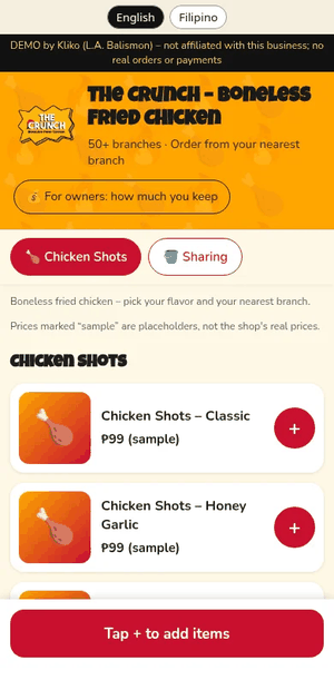 Ordering walkthrough: menu, checkout, paid, review